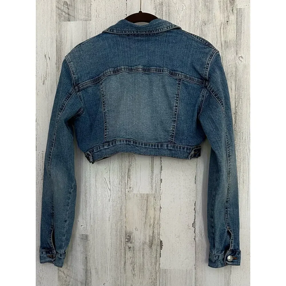 Rue21 Girls Jean Jacket Size Large Cropped Rhinestones Embellished Chest Pockets